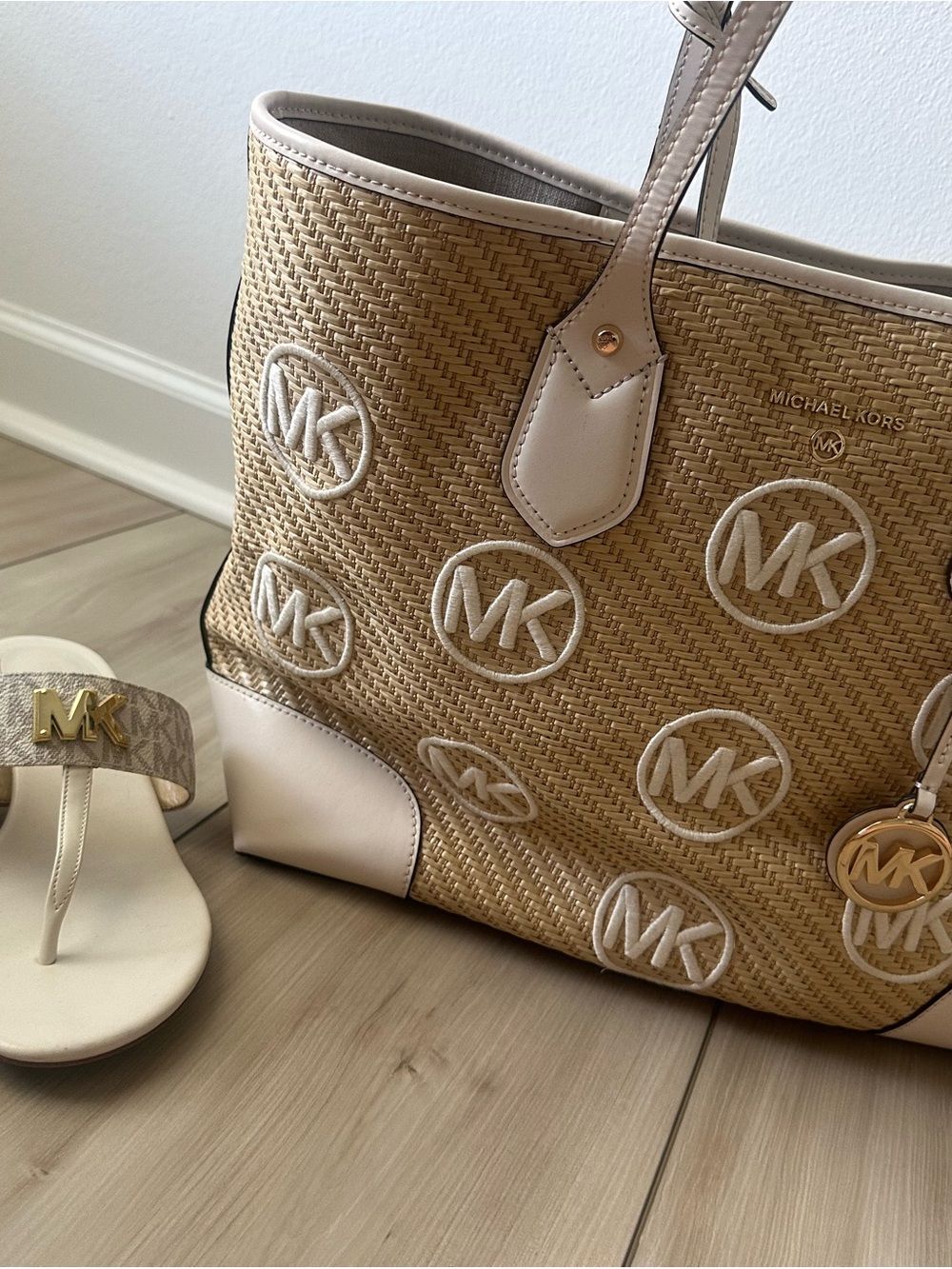 Michael Kors Straw Tote with Pale Pink Trim and Matching Sandals